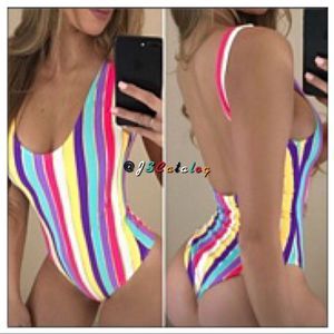 One-Piece Backless Cheeky Bright Striped Swimsuit